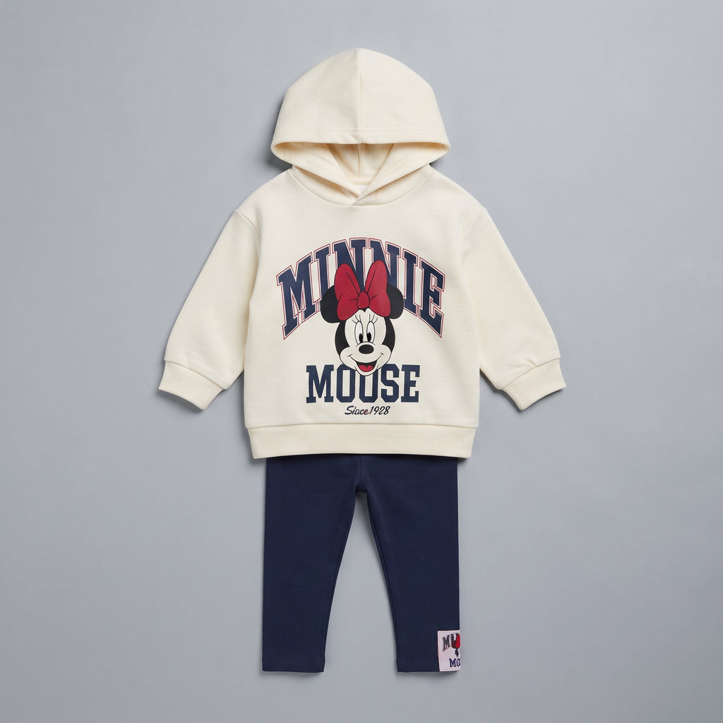 Conjunto EmpiBy de dos piezas para bebé niña con sudadera crema de Minnie Mouse y pantalón jogger azul marino