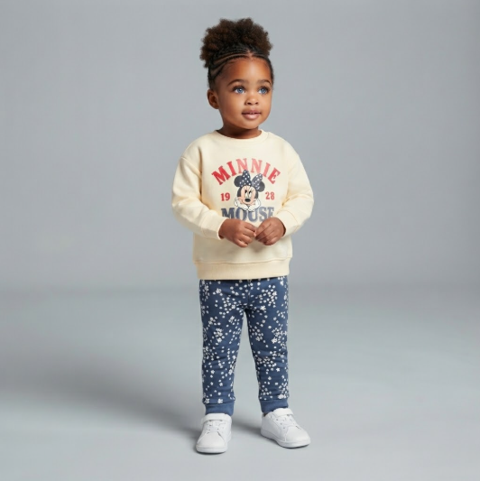 Niña pequeña vistiendo conjunto EmpiBy de sudadera beige con estampado de Minnie Mouse y pantalón azul con flores