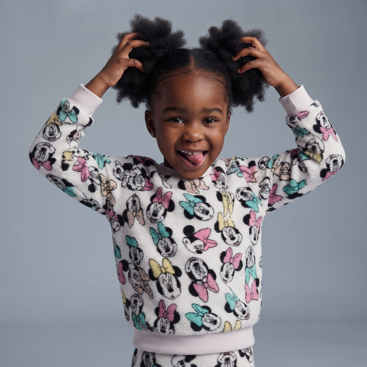 Niña sonriente vistiendo conjunto EmpiBy de dos piezas con estampado de Minnie Mouse en tela suave tipo peluche