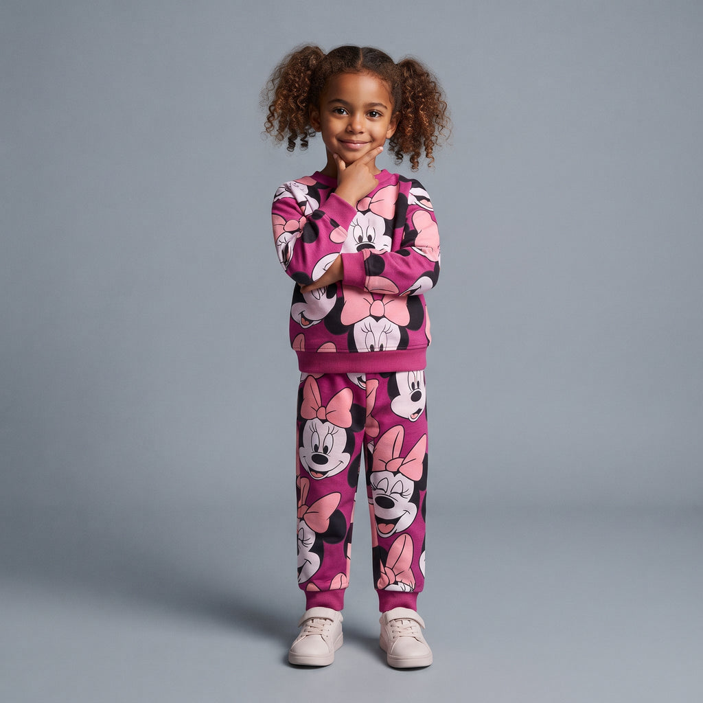 Niña vistiendo conjunto EmpiBy de dos piezas fucsia con estampado integral de Minnie Mouse y lazos rosas