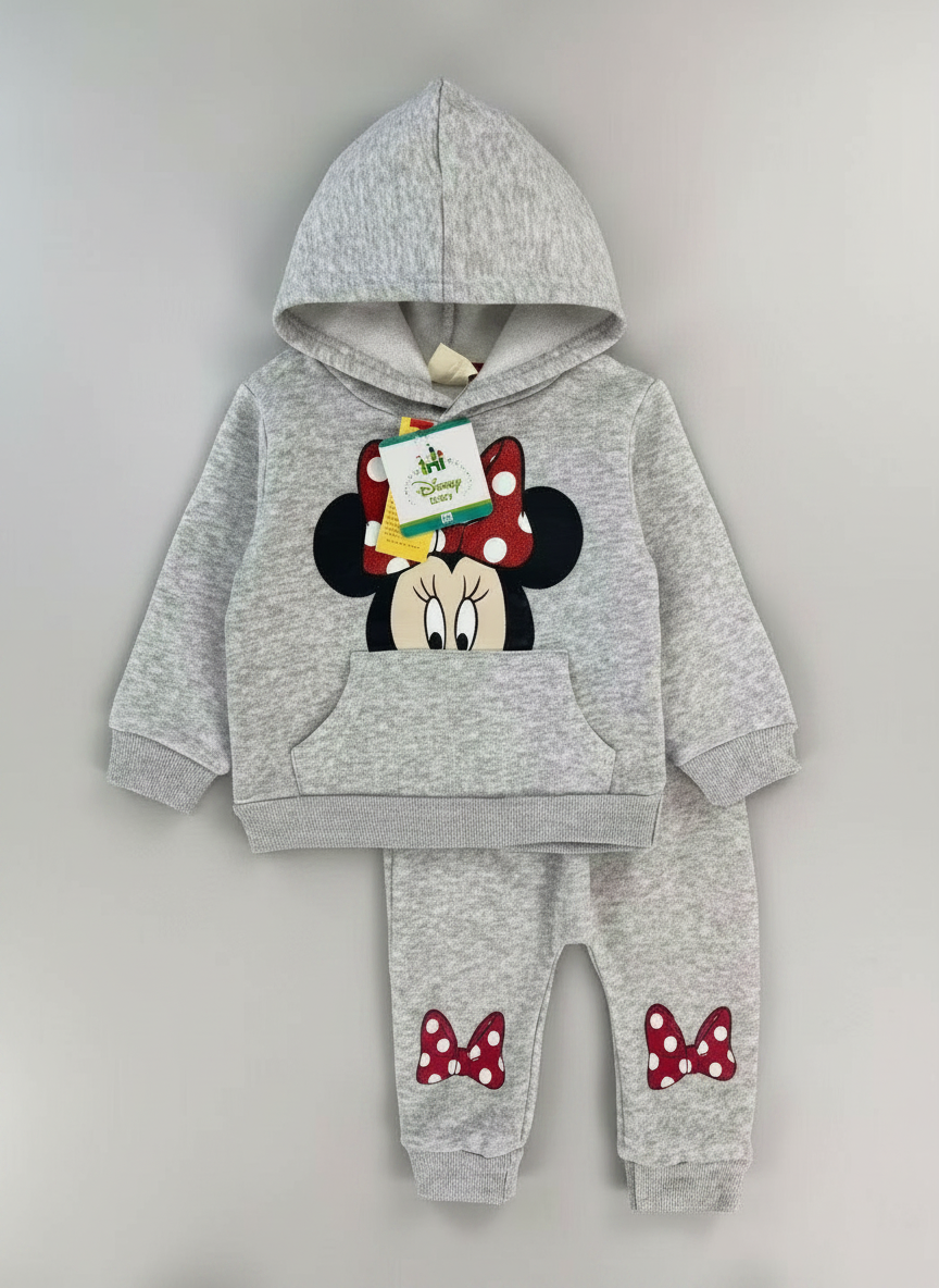 Conjunto EmpiBy de sudadera con capucha y jogger gris de Minnie Mouse con lazos rojos para niña