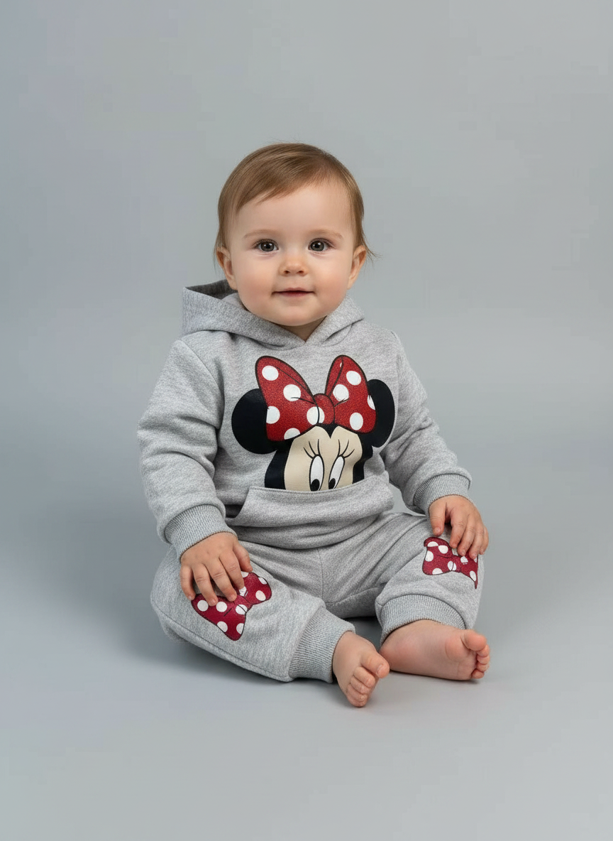 Bebé con conjunto EmpiBy de sudadera gris con capucha y jogger de Minnie Mouse con lazos rojos y lunares blancos