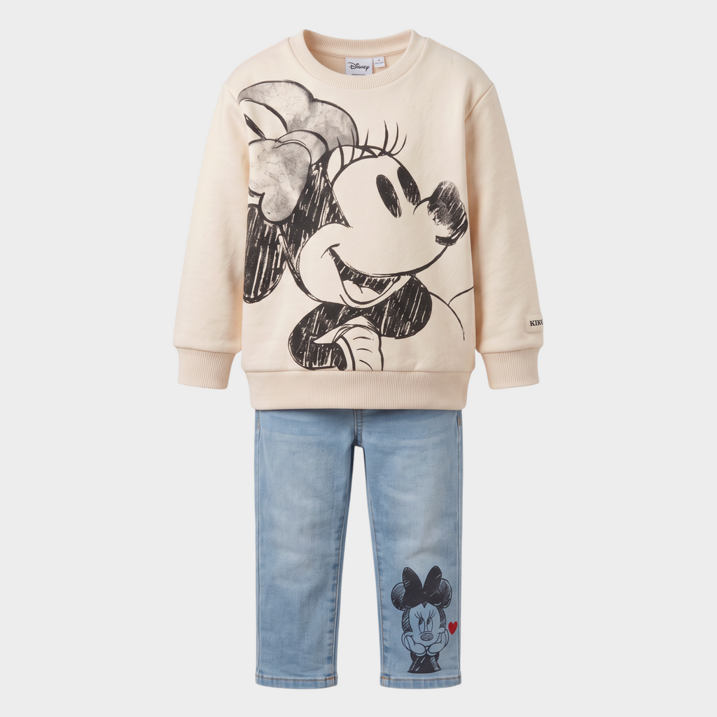 Conjunto EmpiBy de sudadera beige con estampado de Minnie Mouse y pantalones vaqueros azules con detalle de Minnie