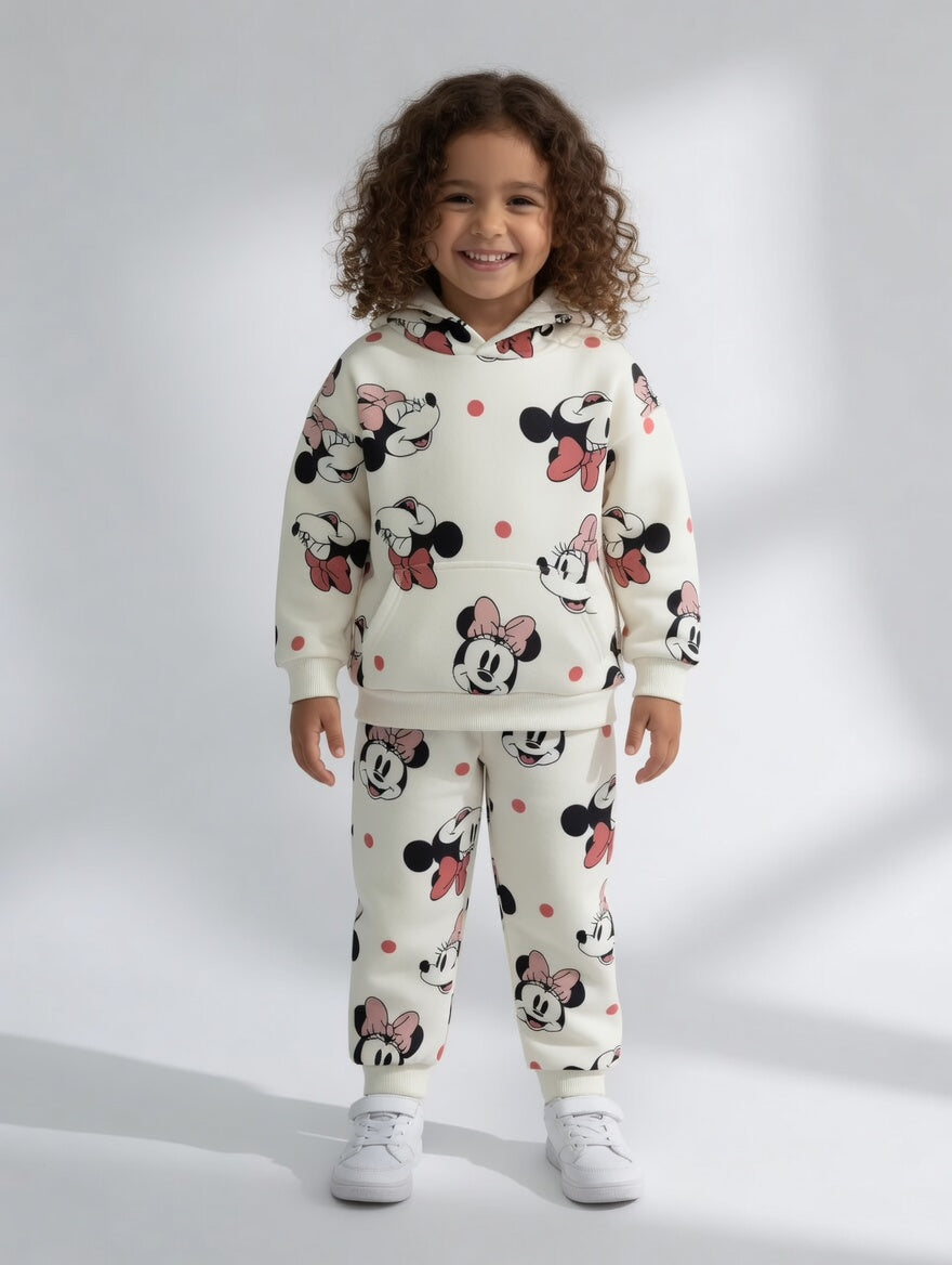 Niña sonriente vistiendo conjunto EmpiBy de sudadera y pantalón con estampado de Minnie Mouse, lunares y lazos.