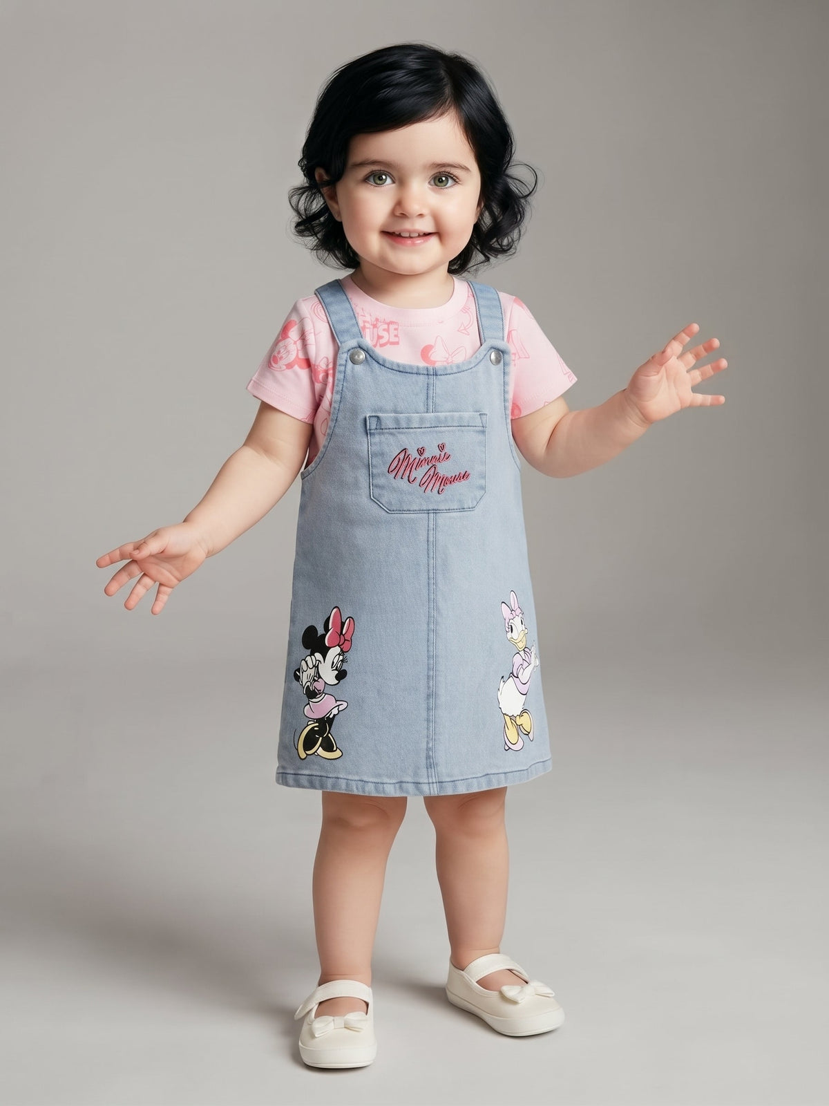 Niña pequeña con conjunto EmpiBy de jardinera de mezclilla con Minnie Mouse y camiseta rosa de manga corta.