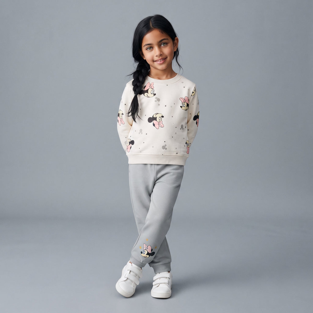 Niña vistiendo conjunto EmpiBy de dos piezas con sudadera blanca estampada de Minnie Mouse y pantalón jogger gris