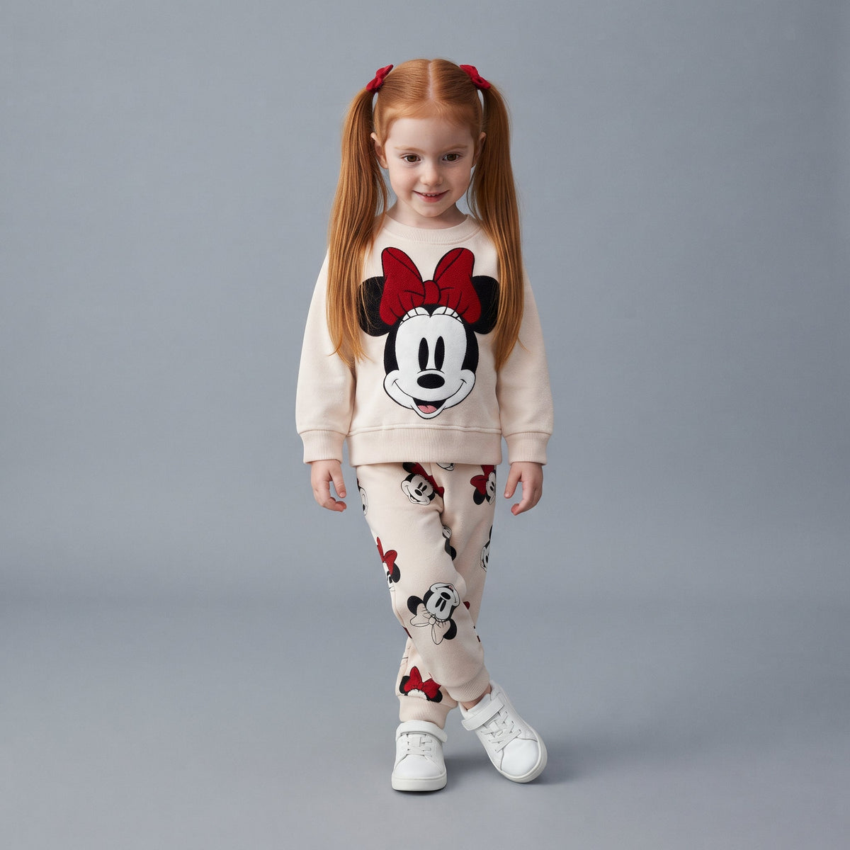 Niña vistiendo conjunto EmpiBy de dos piezas de Minnie Mouse con sudadera blanca y pantalón estampado en fondo gris.