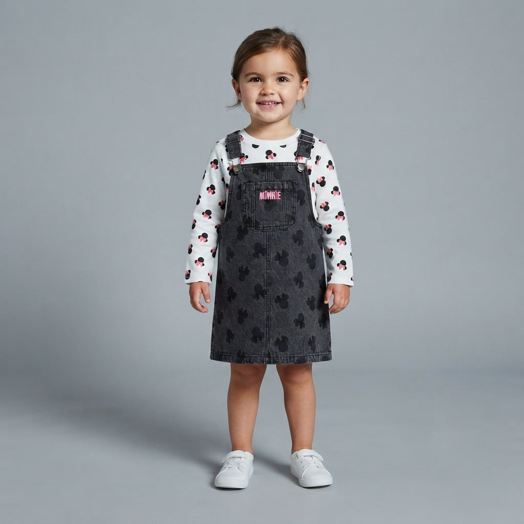 Niña pequeña vistiendo conjunto EmpiBy de peto negro con siluetas de Minnie Mouse y camiseta blanca de manga larga.