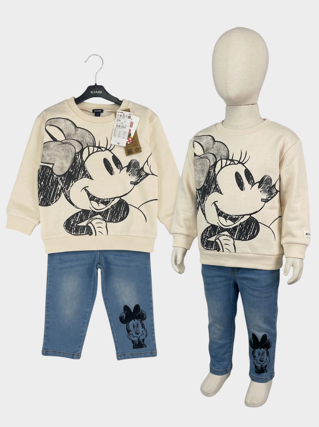 Conjunto EmpiBy de sudadera beige con estampado de Minnie Mouse y pantalones vaqueros azules para niña