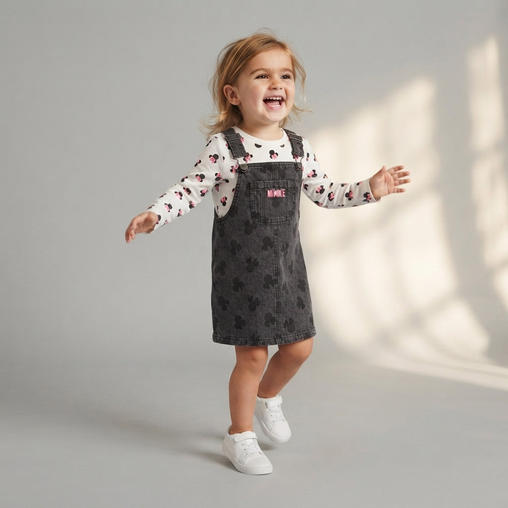 Niña sonriente vistiendo conjunto EmpiBy de peto negro con siluetas de Minnie Mouse y camiseta blanca de manga larga.