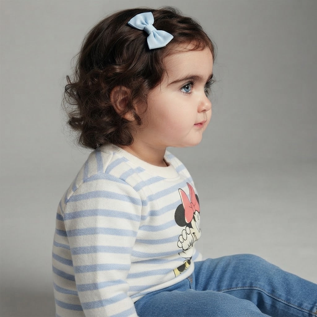 Bebé niña con conjunto EmpiBy de busito a rayas azul y blanco con estampado de Minnie Mouse y pantalón de mezclilla