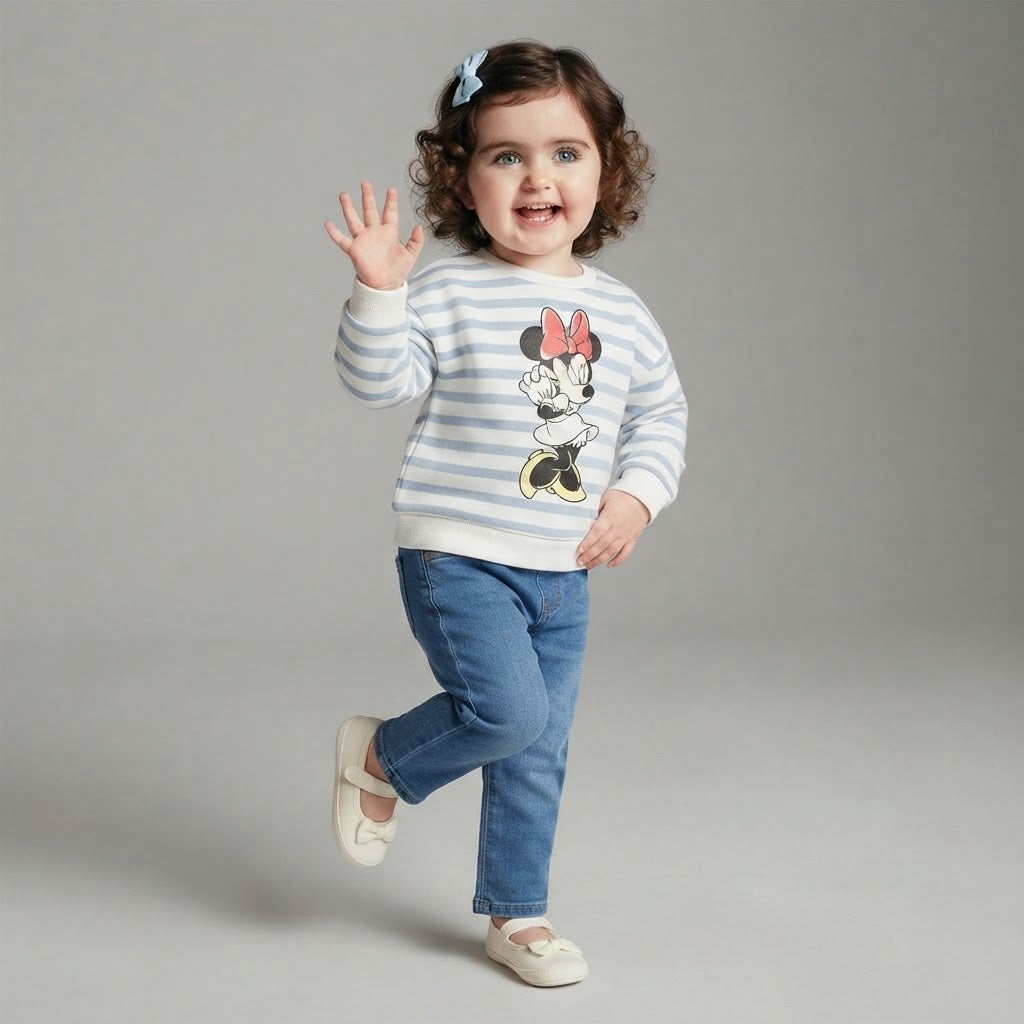 Bebé niña vistiendo conjunto EmpiBy de jeans azules y suéter a rayas con estampado de Minnie Mouse