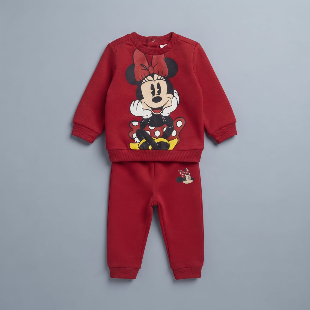 Conjunto EmpiBy de dos piezas para bebé en color rojo con estampado de Minnie Mouse y pantalón jogger a juego
