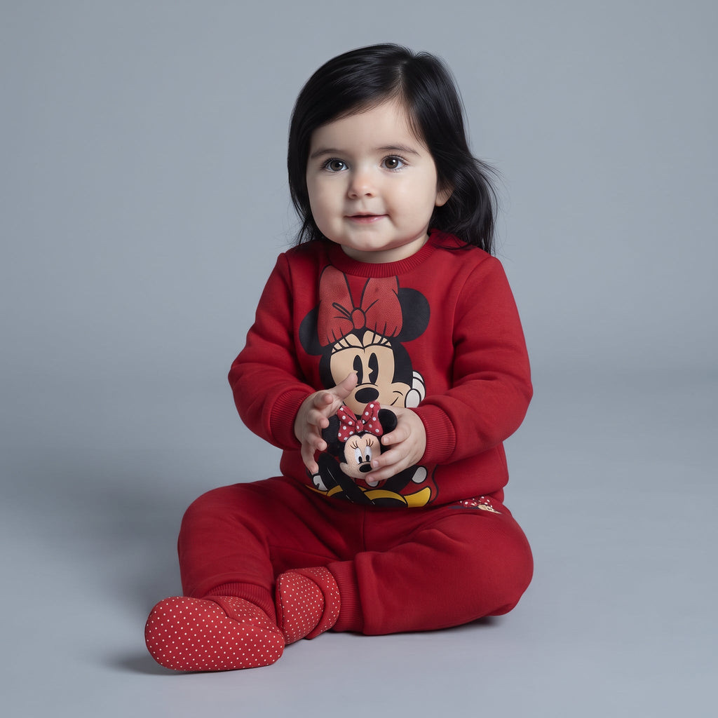 Bebé con conjunto EmpiBy de dos piezas rojo de Minnie Mouse, sudadera con estampado y pantalón jogger a juego.