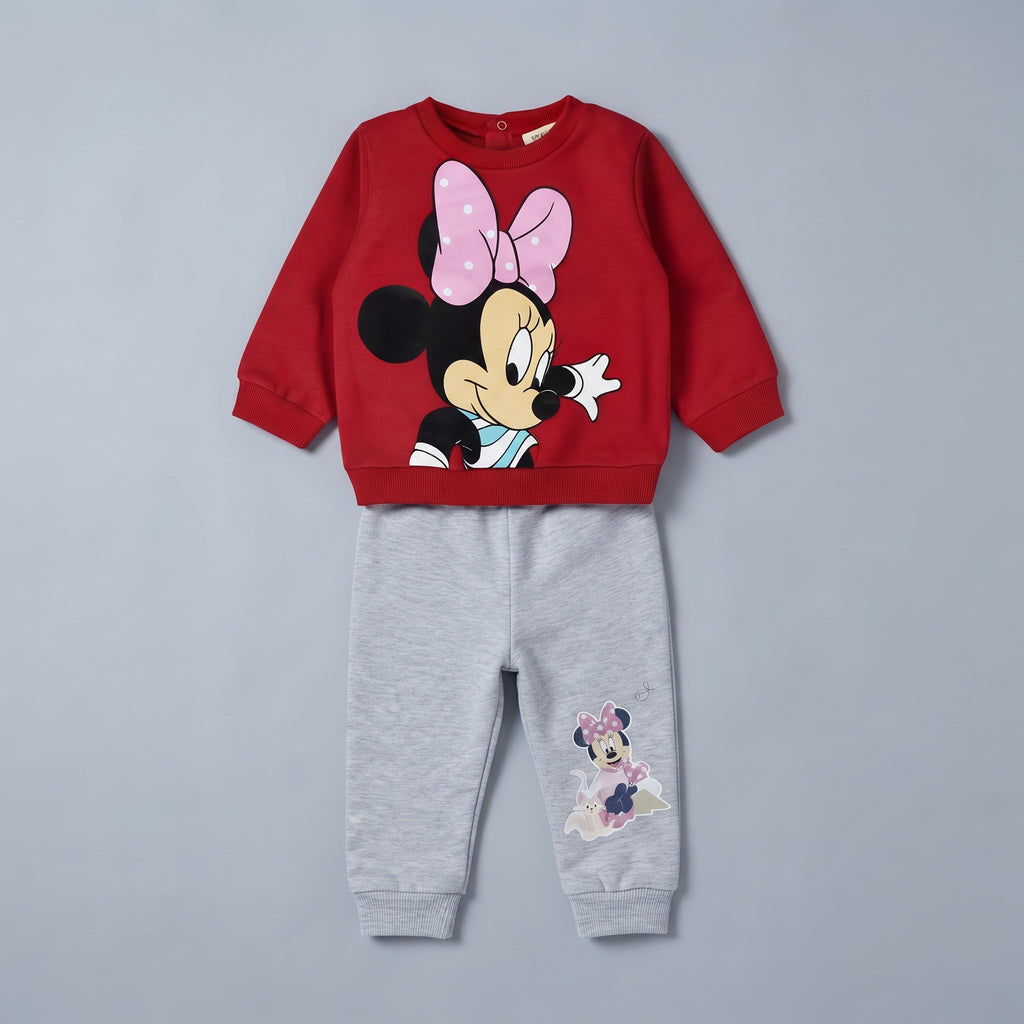 Conjunto EmpiBy de dos piezas para bebé: sudadera roja de Minnie Mouse y pantalón jogger gris suave y cómodo