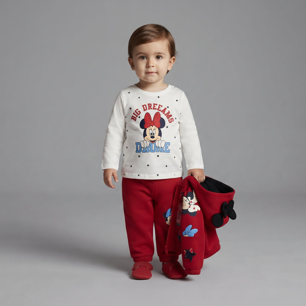 Conjunto EmpiBy de 3 piezas para niña con sudadera roja de Minnie Mouse, camiseta blanca y pantalón jogger a juego.