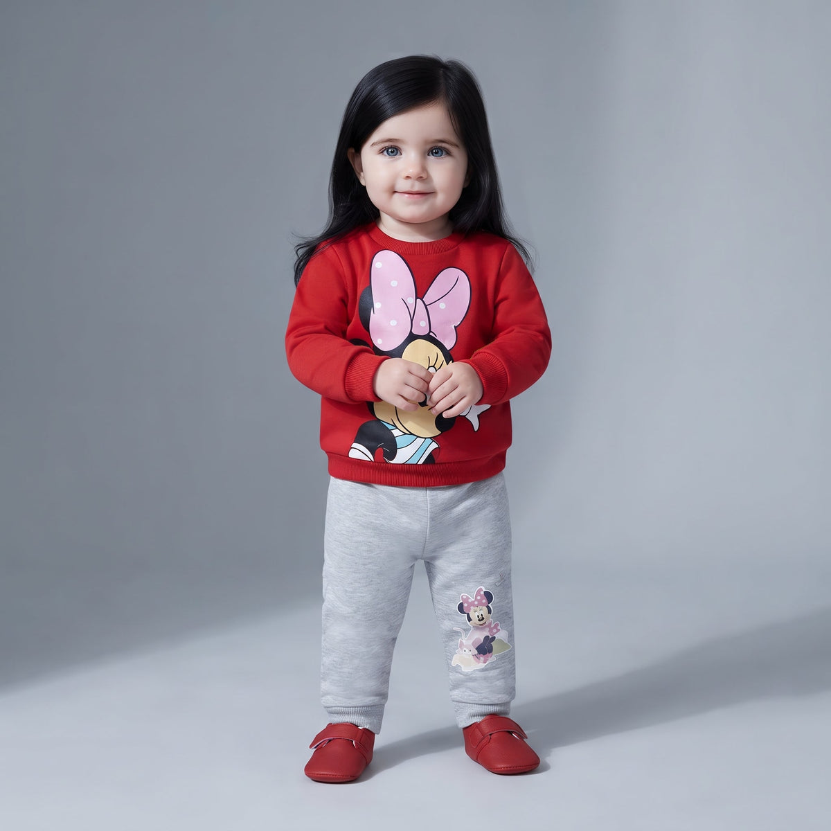Niña pequeña vistiendo conjunto EmpiBy de sudadera roja con Minnie Mouse y pantalón jogger gris melange
