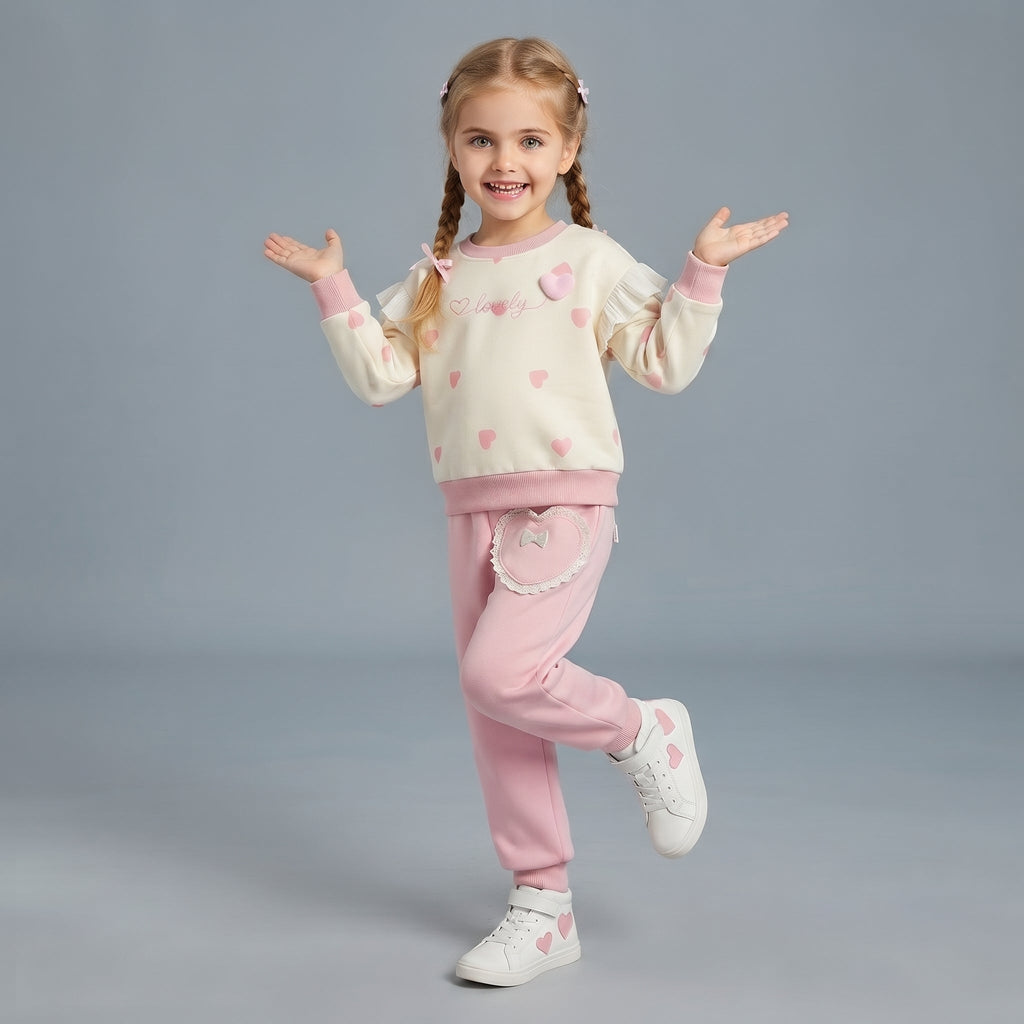 Niña sonriente vistiendo conjunto EmpiBy de dos piezas crema y rosa con estampado de corazones, volantes y lazos