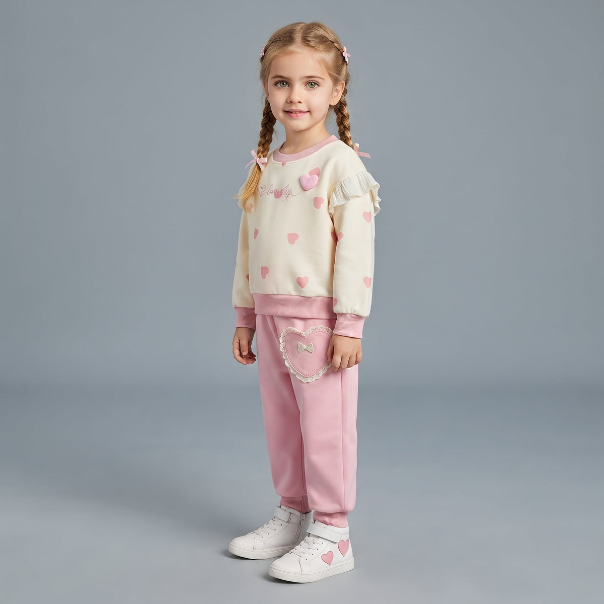 Niña con conjunto EmpiBy de dos piezas: sudadera crema con corazones rosas y pantalón rosa con bolsillo de corazón.
