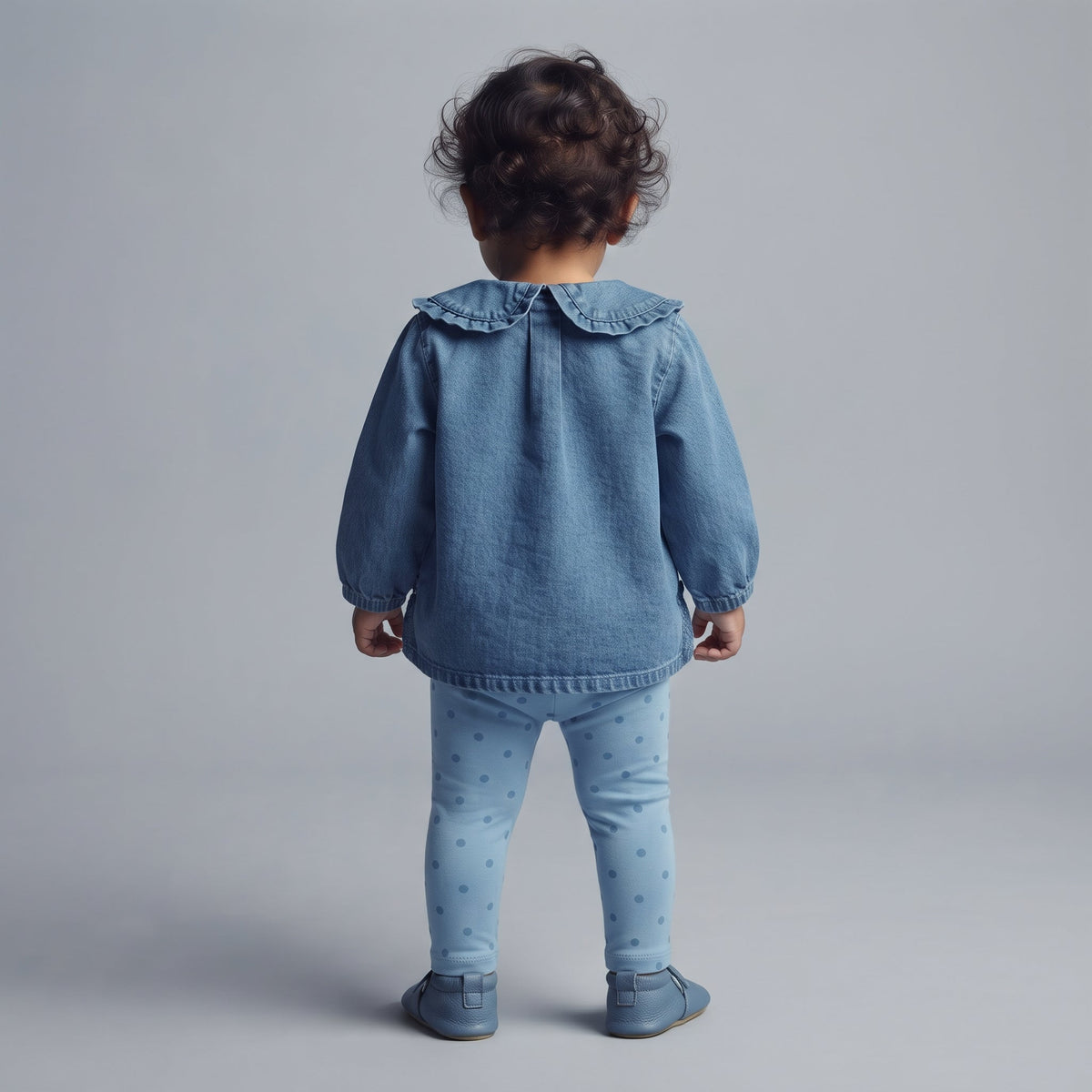 Niña de espaldas vistiendo conjunto EmpiBy de camisa de mezclilla con cuello Peter Pan y leggings azules de lunares