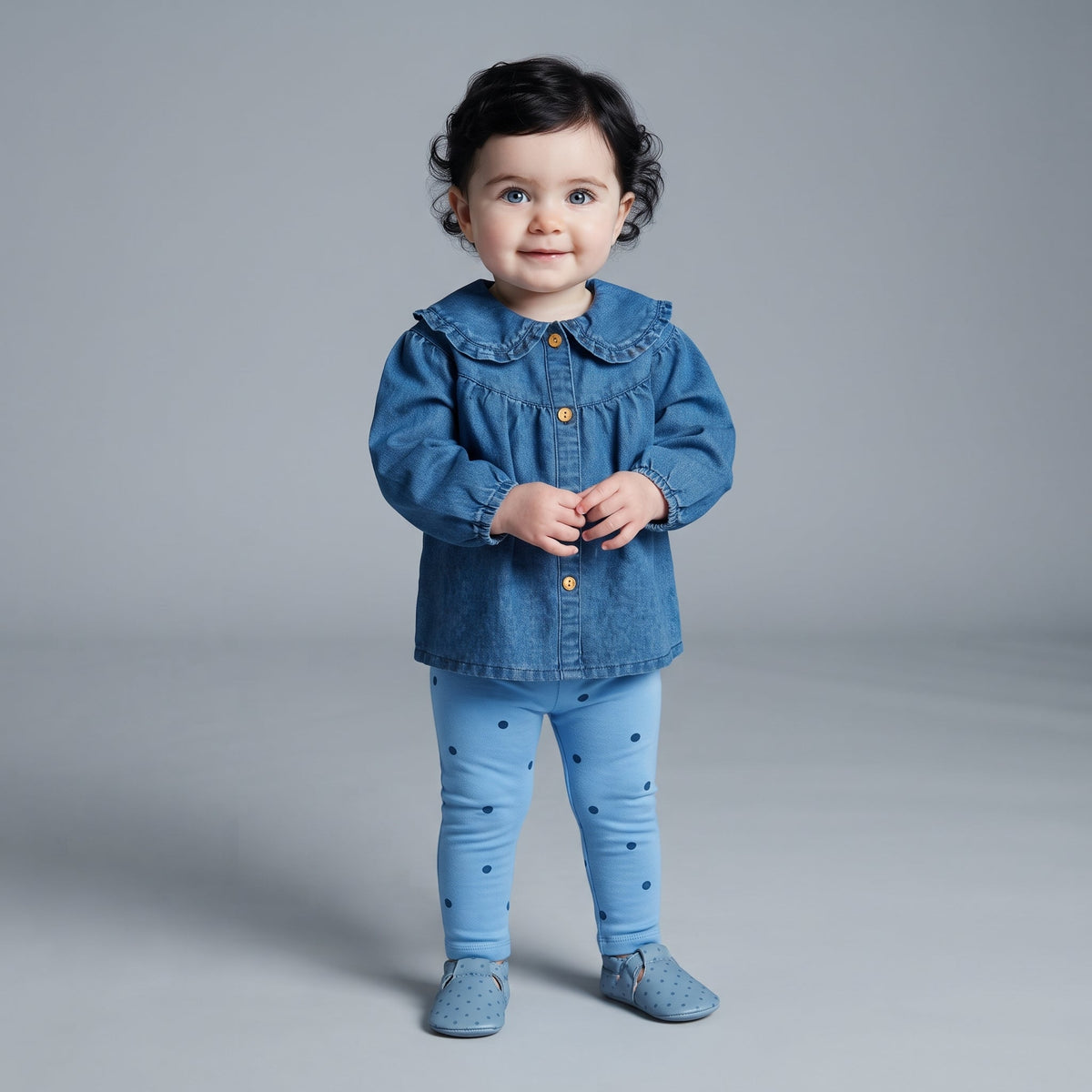 Niña pequeña con conjunto EmpiBy de camisa de mezclilla con cuello Peter Pan y leggings azules de lunares