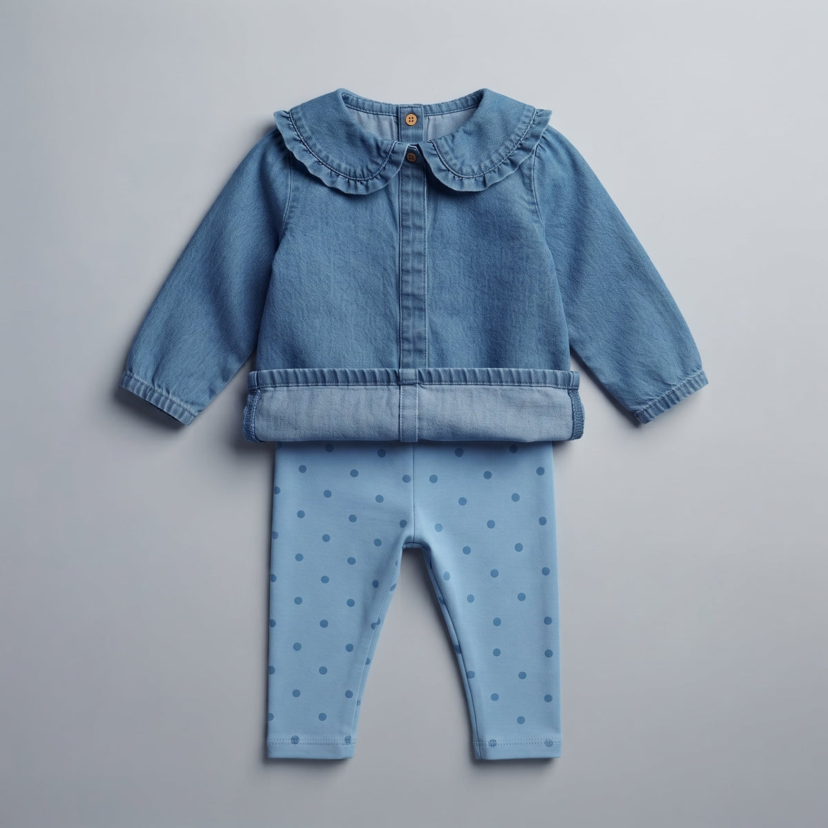 Conjunto EmpiBy de 2 piezas para niña con camisa de mezclilla azul, cuello Peter Pan y leggings con lunares celestes.