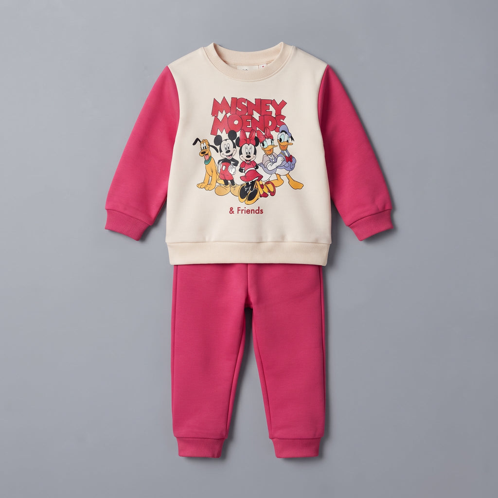 Conjunto EmpiBy de dos piezas para niña con sudadera crema y fucsia y pantalón jogger con estampado Mickey & Friends