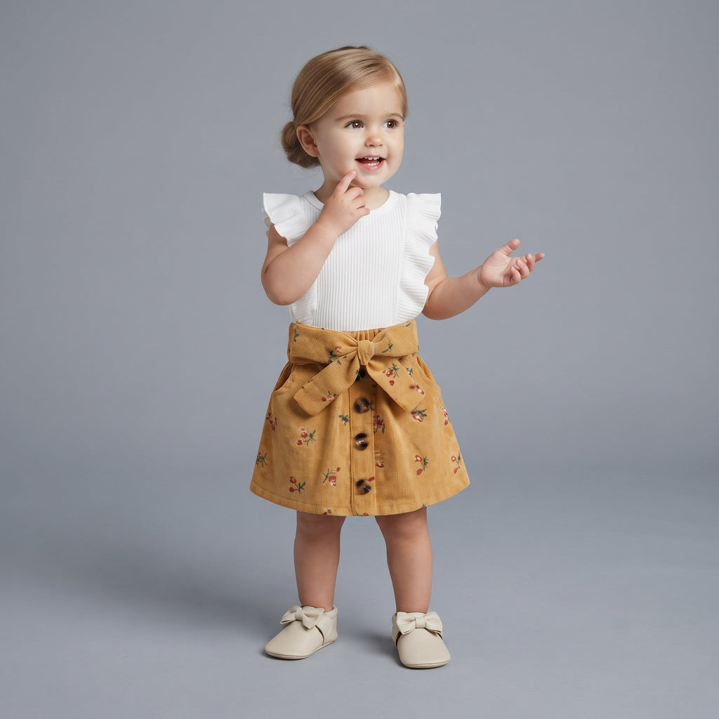 Niña pequeña vistiendo conjunto EmpiBy de falda mostaza con flores y camiseta blanca con volantes en los hombros