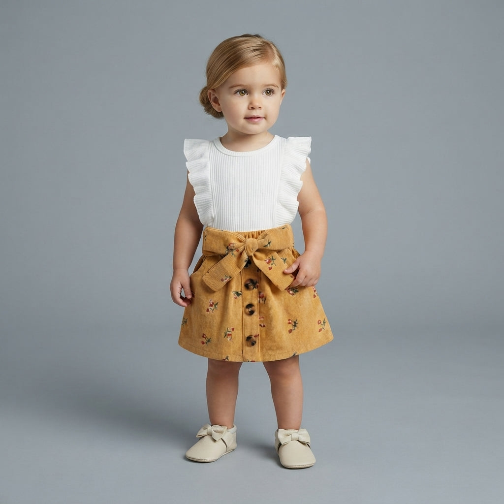 Conjunto EmpiBy de dos piezas para niña con falda de pana mostaza floral y camiseta blanca con volantes en hombros