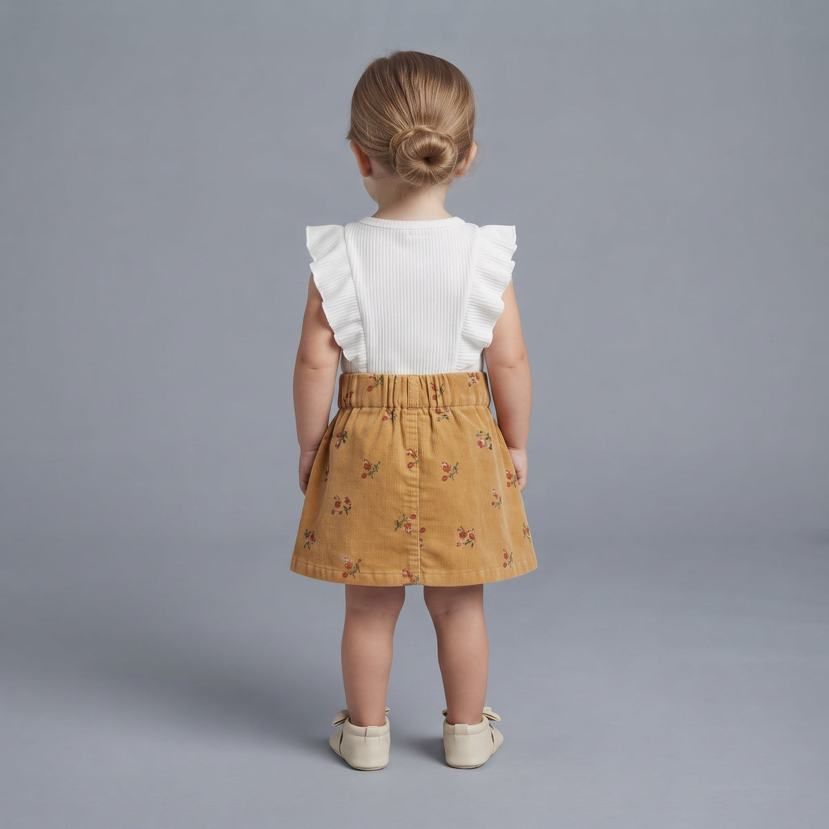 Vista trasera de niña con conjunto EmpiBy de falda de pana mostaza con flores y camiseta blanca con volantes