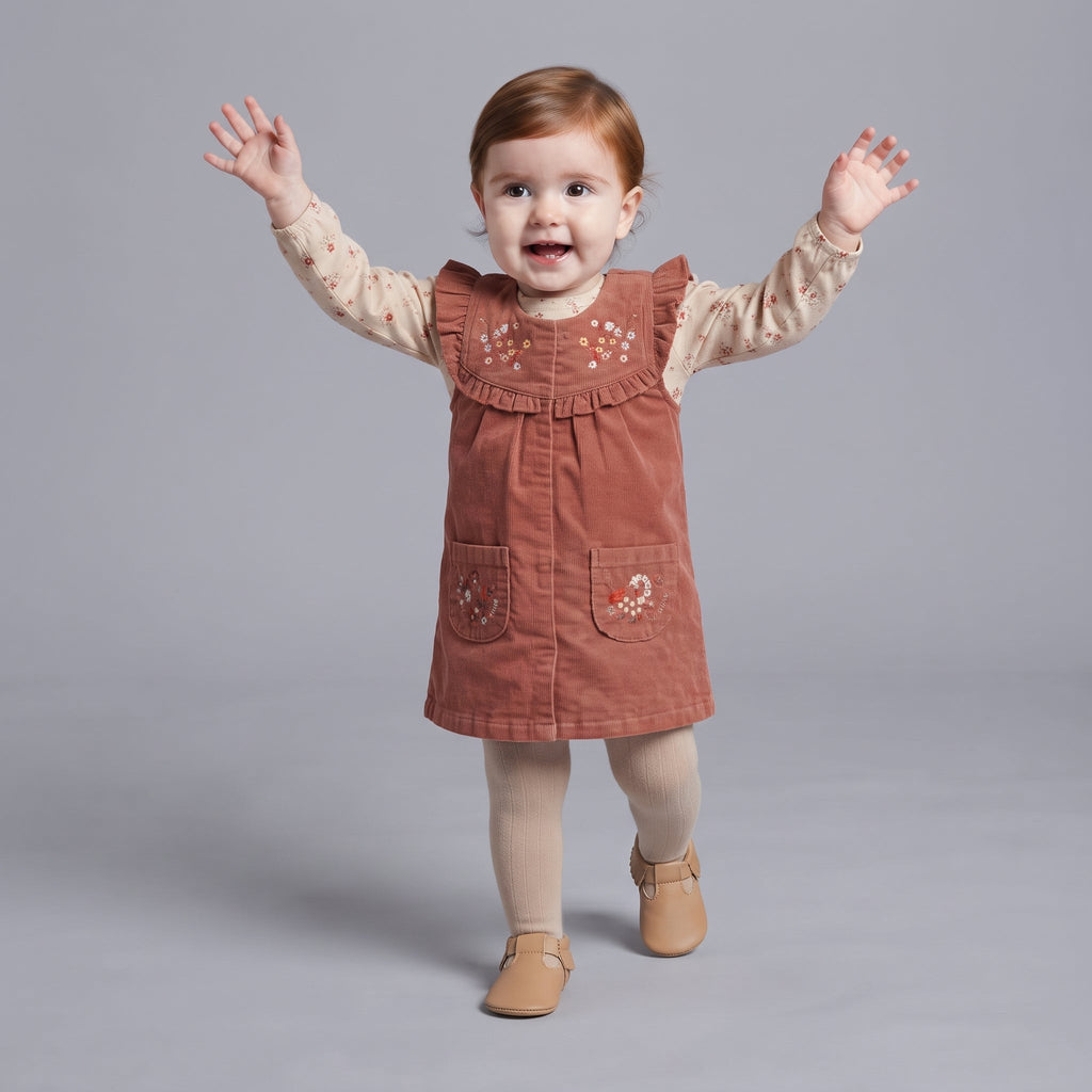 Bebé niña EmpiBy vistiendo un conjunto de pana terracota con bordado floral y camiseta beige de manga larga