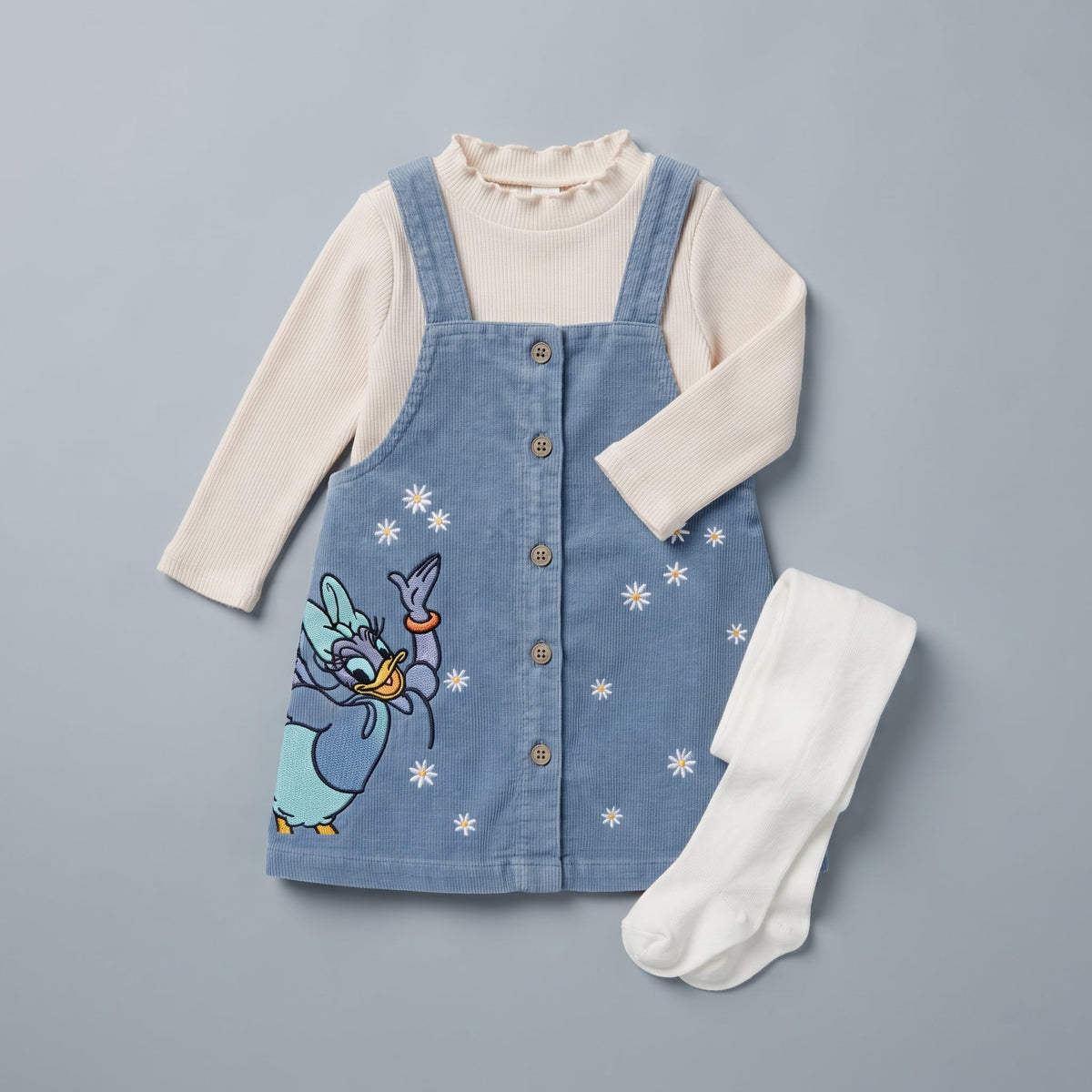 Conjunto EmpiBy de 3 piezas para bebé niña con vestido de pana azul, Daisy Duck bordada y camiseta blanca acanalada.
