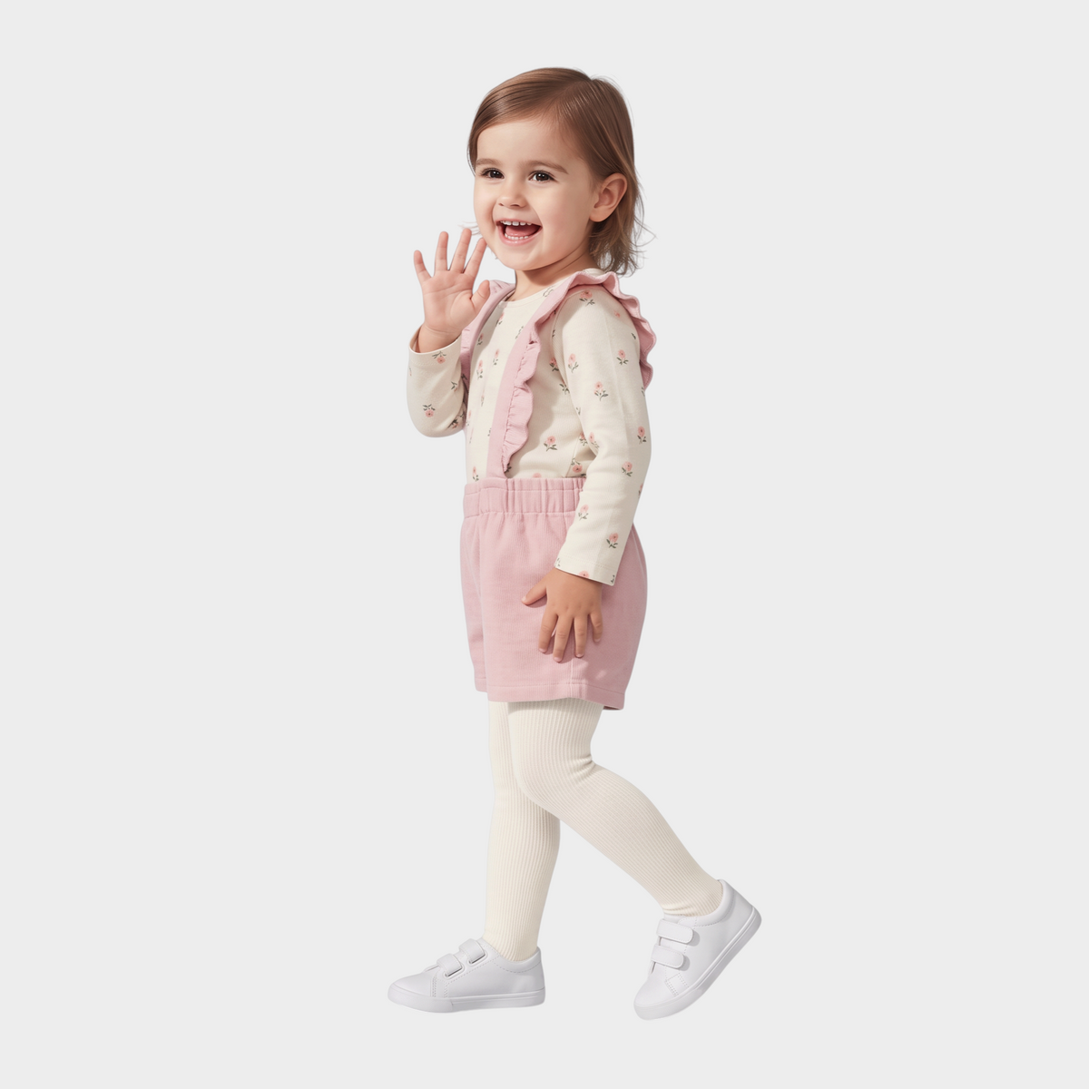 Niña sonriente con conjunto EmpiBy de peto rosa de pana con volantes y camiseta de manga larga con estampado floral
