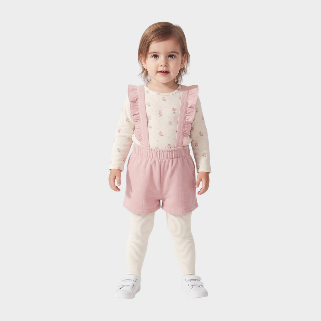 Niña pequeña con conjunto EmpiBy de peto rosa de pana con volantes y camiseta de manga larga con estampado floral