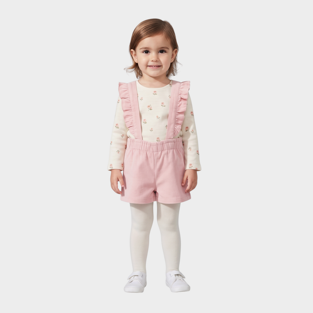 Niña pequeña con conjunto EmpiBy de peto rosa de pana con volantes y camiseta de manga larga con estampado floral