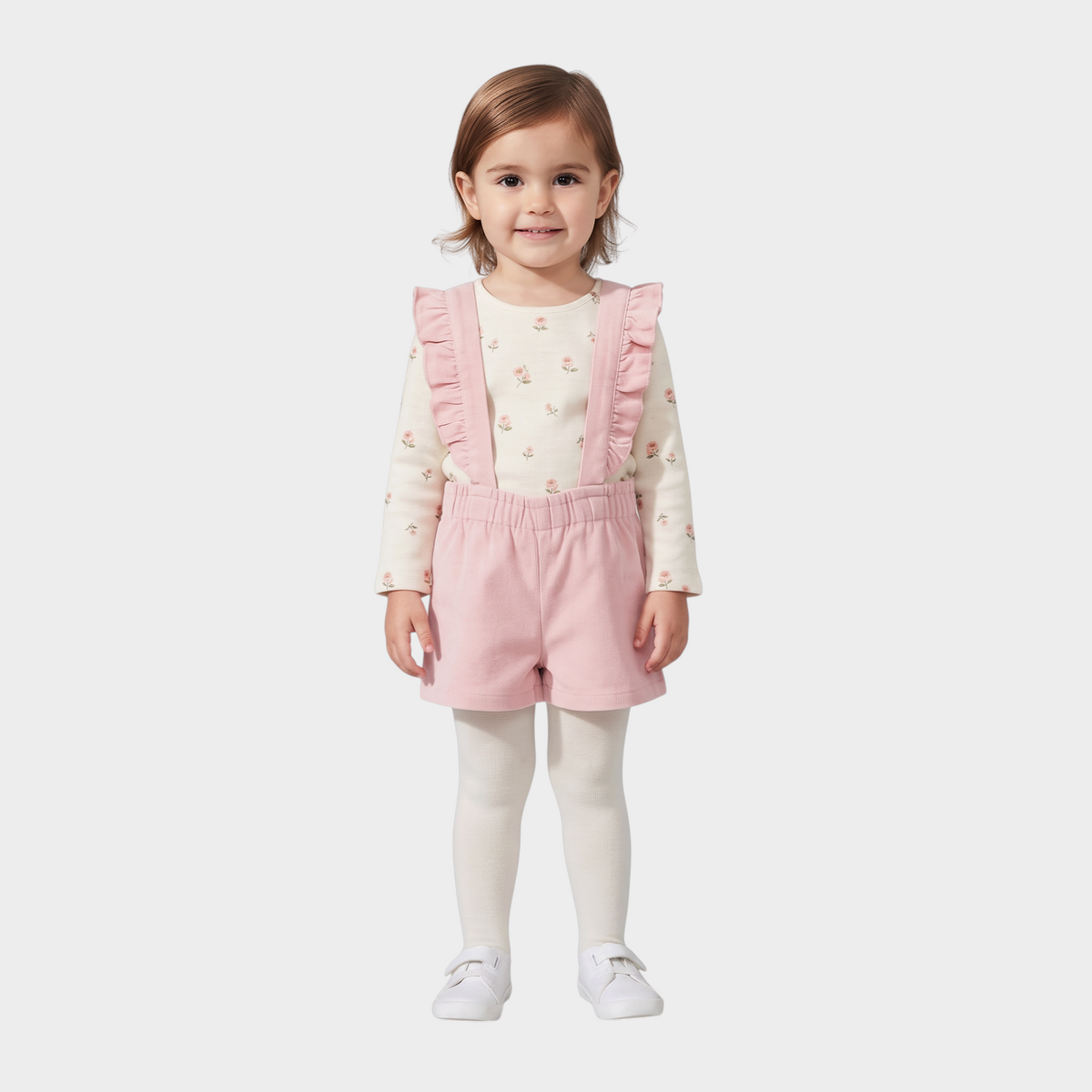 Niña pequeña con conjunto EmpiBy de peto rosa de pana con volantes y camiseta de manga larga con estampado floral