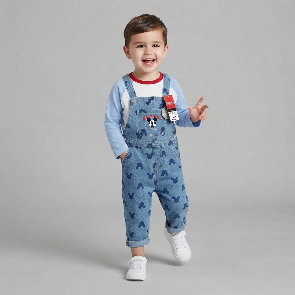 Niño sonriente vistiendo conjunto EmpiBy de peto vaquero con estampado de Mickey Mouse y camiseta de manga larga