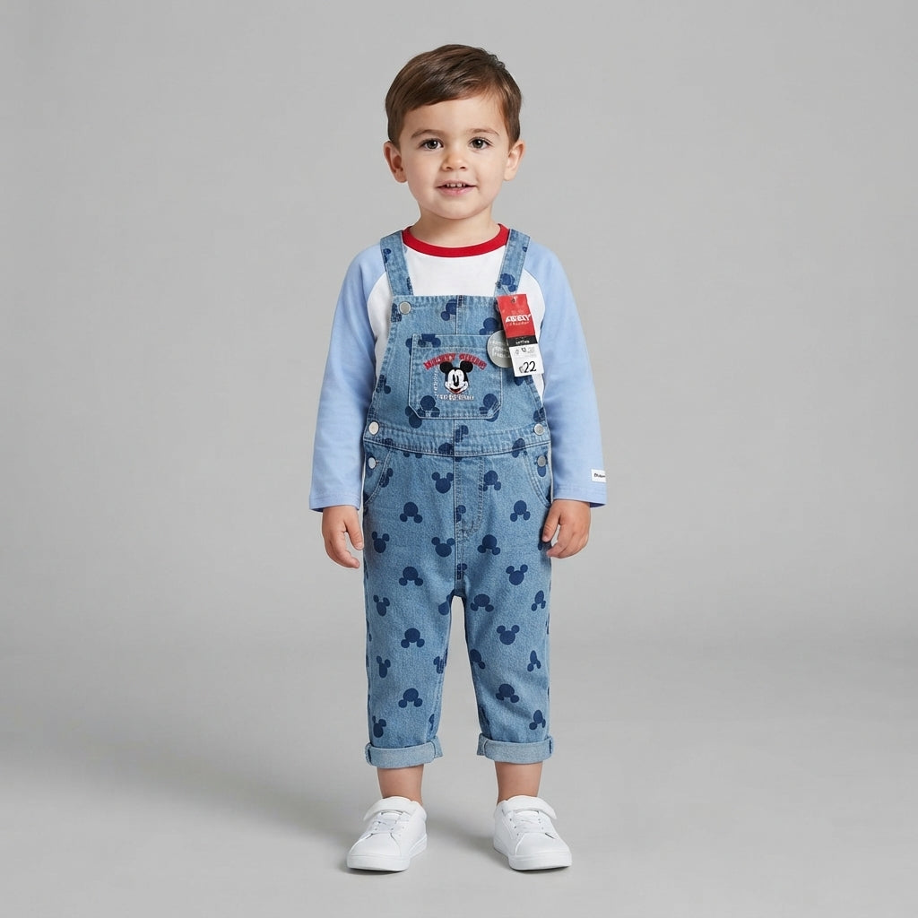 Niño vistiendo conjunto EmpiBy de peto vaquero azul con estampado de Mickey Mouse y camiseta de manga larga