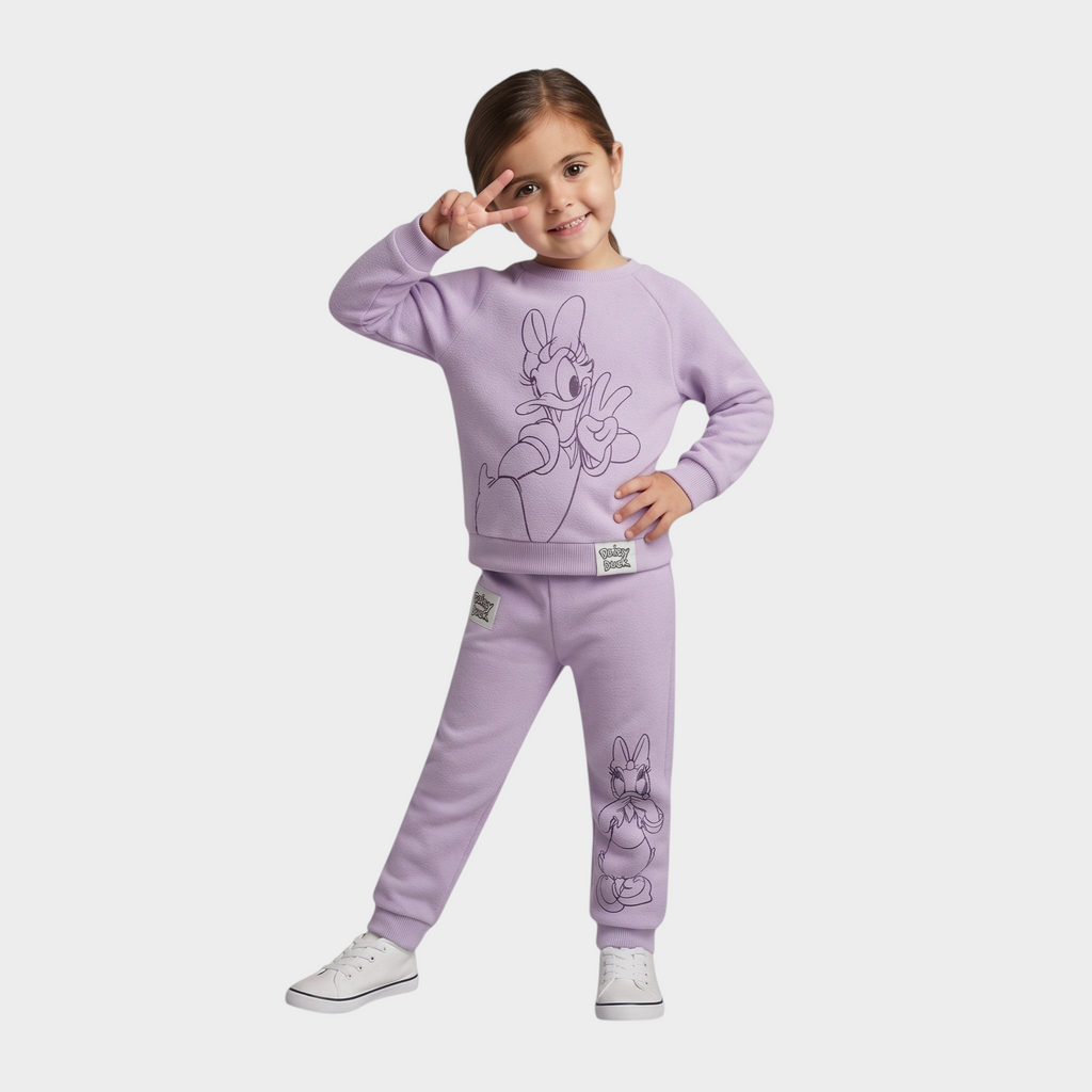 Niña vistiendo conjunto EmpiBy de sudadera y pantalón polar color lila suave con estampado de Daisy Duck