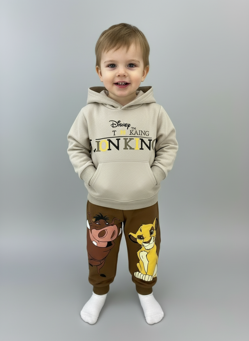 Niño pequeño vistiendo conjunto EmpiBy de El Rey León con sudadera beige con capucha y jogger marrón con Simba y Pumba