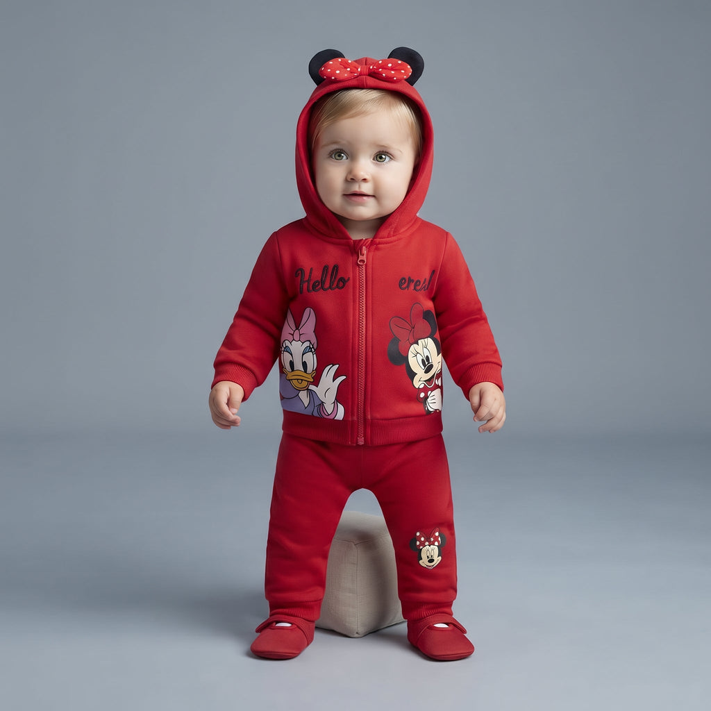 Conjunto EmpiBy de sudadera roja con capucha, orejas y lazo, estampado de Minnie Mouse y Daisy para bebé niña.