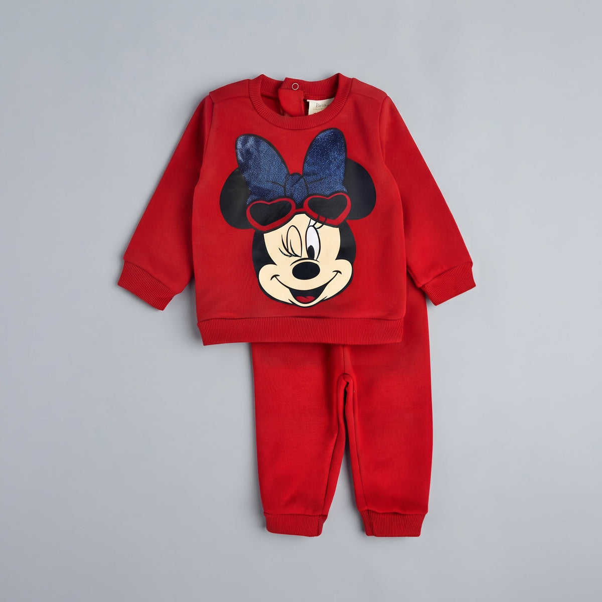 Conjunto EmpiBy de dos piezas rojo para bebé niña con estampado de Minnie Mouse y lazo brillante en el suéter