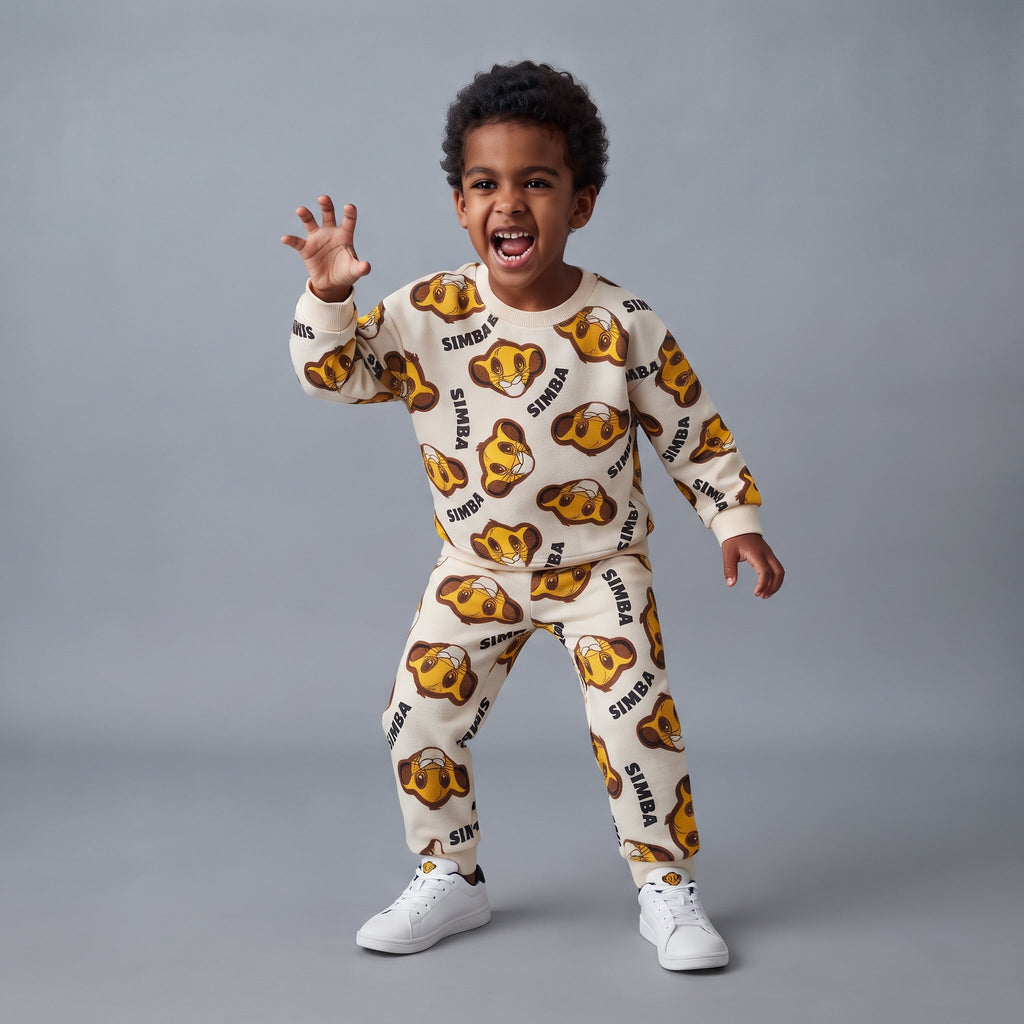 Niño vistiendo conjunto EmpiBy de dos piezas con estampado de Simba de El Rey León en tonos crema y marrón