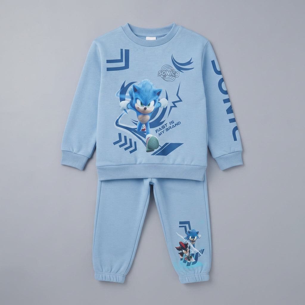 Conjunto de dos piezas EmpiBy para niño con sudadera y jogger azul claro estampado con el personaje Sonic