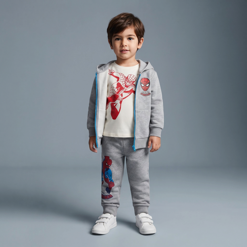 Niño vistiendo conjunto EmpiBy de Spider-Man con sudadera gris, camiseta blanca y pantalón jogger a juego