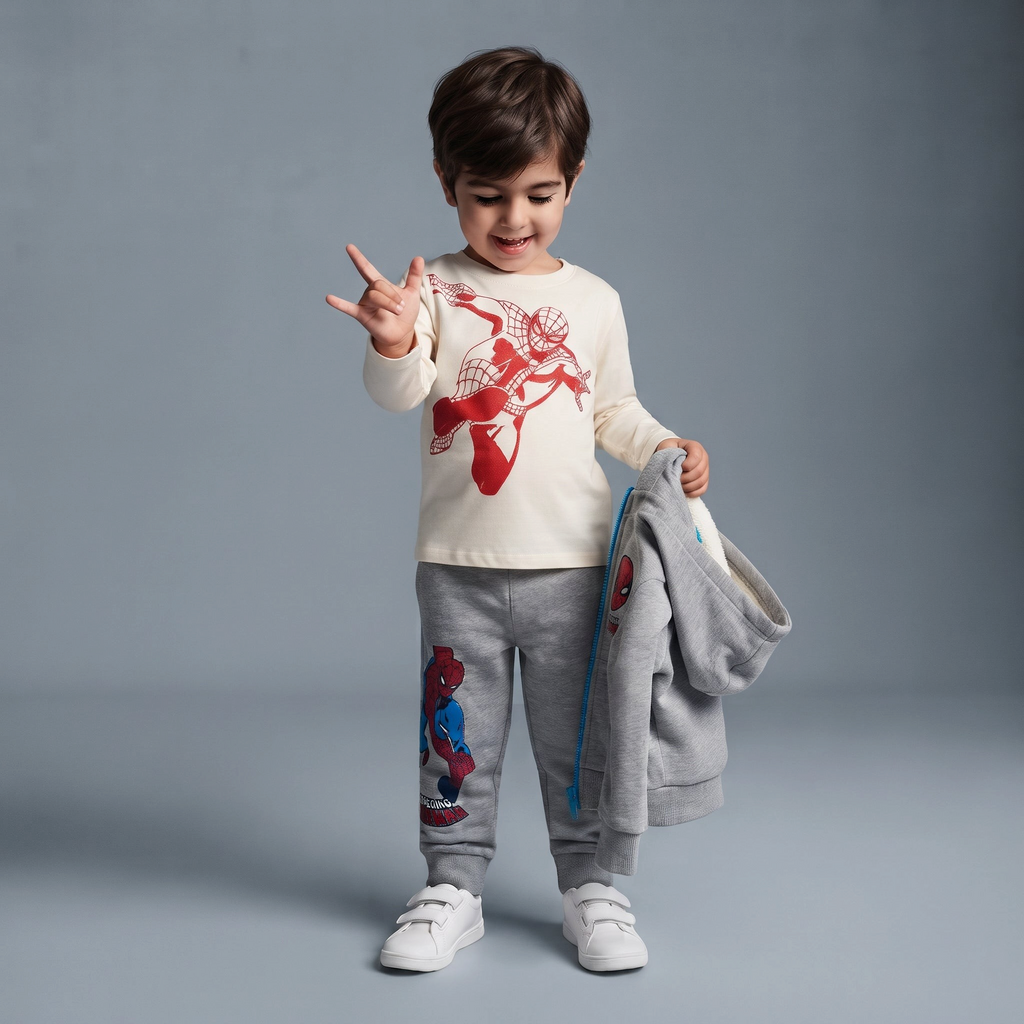 Niño pequeño vistiendo conjunto EmpiBy de Spider-Man con camiseta blanca, pantalón jogger gris y sudadera a juego