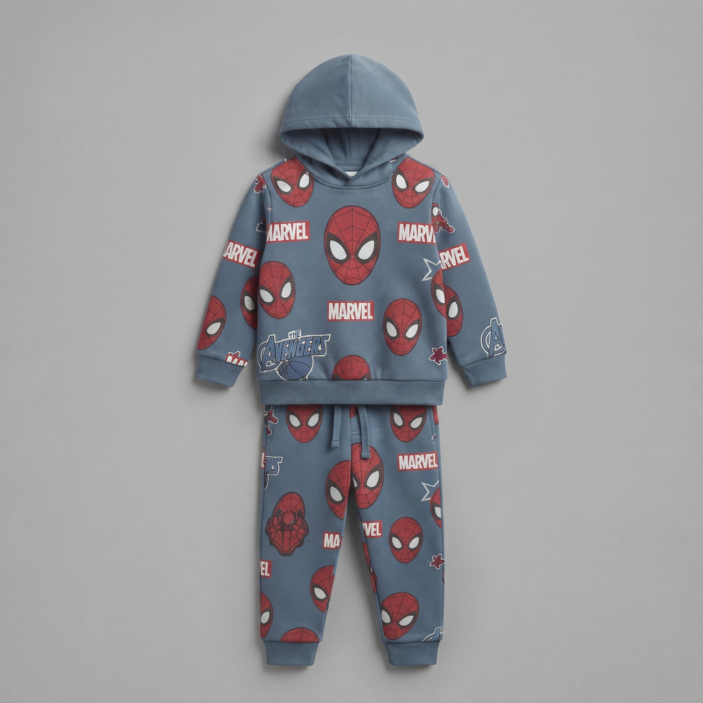 Conjunto EmpiBy de dos piezas para niño con sudadera con capucha y jogger en azul grisáceo con estampado de Spiderman