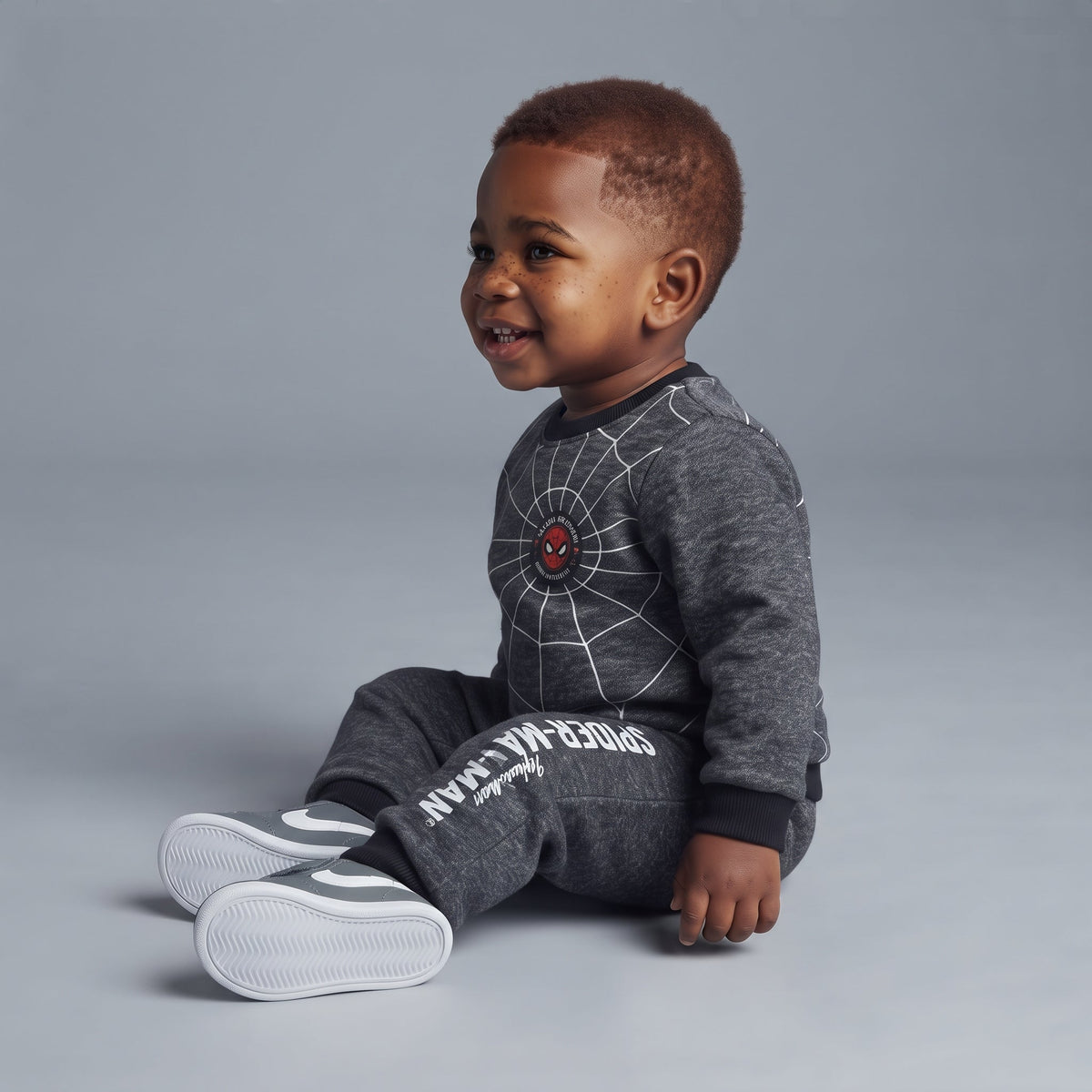Conjunto EmpiBy de dos piezas para bebé con diseño de Spider-Man en gris melange, incluye buzo y pantalón jogger.