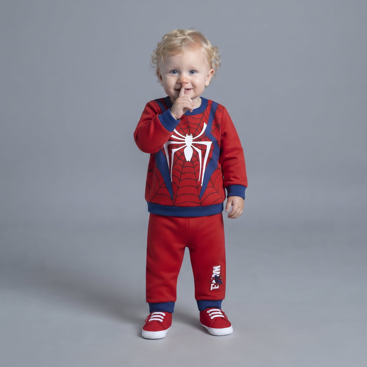 Bebé con conjunto EmpiBy de Spider-Man rojo, sudadera con araña blanca y pantalón jogger a juego sobre fondo gris.