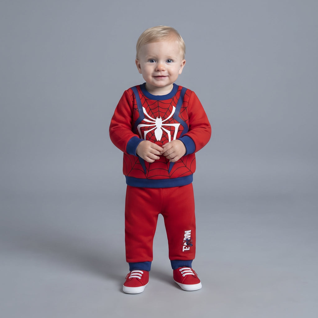 Bebé con conjunto de dos piezas EmpiBy de Spiderman, sudadera roja con araña blanca y pantalón jogger a juego